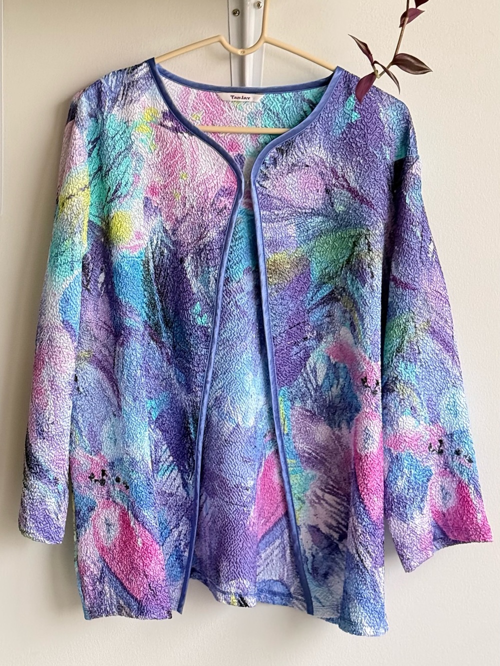 Tan Jay Watercolor Textured Open Front Cardigan - Purple Blue Pink - Large